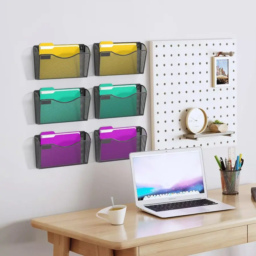 6 Pack Mesh Wall Mounted File Holder Metal Wall File Pocket Mail Organizer for Office Homewith Label Panel