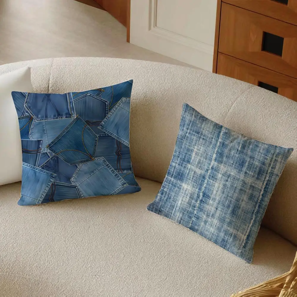 V-Vintage Denim Pattern Cushion Cover Daily Washable Linen Pillowcase Soft  for Sofa Bed Home Room Decor