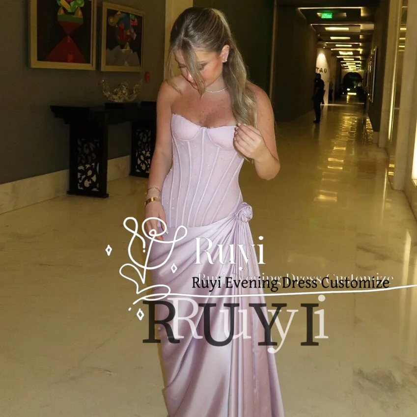 

Customized Strapless Lavender Prom Dresses with Lace Sleeveless Pleated Floor-Length Formal Evening Dress