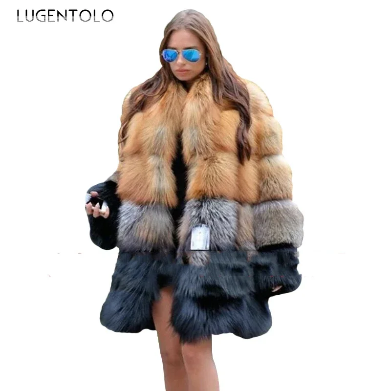 Women Long Faux Fur Coat Winter Large Size Thick Warm Fur Jacket Yellow Black Contrast Stitching Fur Cardigan Cloth Lugentolo