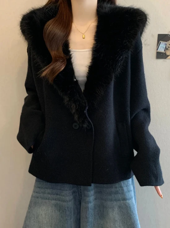 

Утепленное вязаное пальто больших размеров для женщин с уникальным меховым воротником, осенне-зимнее, скрывающее живот, стройнящее, повседневное, комфортное, хорошо сидящее