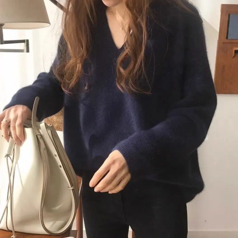 

Japanese V-neck Loose Camisetas Soft Sweater Women Winter Bottoming Knitted Sweater Ribbed Basic Blue Top Ropa De Mujer