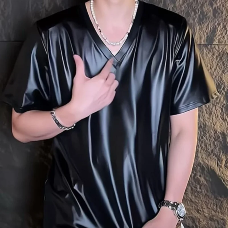 Men's Black Shiny V Neck Short Sleeve T Shirt Solid Color Casual Top Soft Stretchy Fabric for Summer