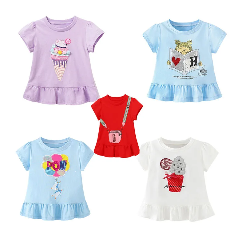 Jumping Meters New Arrival Ice Cream Embroidery Hot Selling Cotton Summer Girls Tshirts Baby Clothes Children's Tees Tops