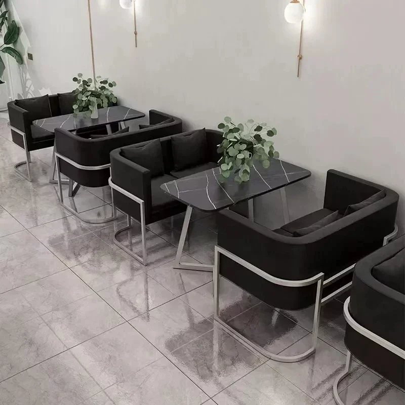 

light luxury fast food U shape upholstery black leather sectional restaurant tables and sofa chairs furniture restaurantes sets