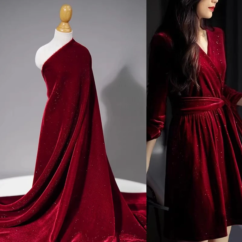 

Багриновая бархатная ткань с блестящими звездными блестками — неэластичный тканый корейский бархат для платьев, декора и поделок