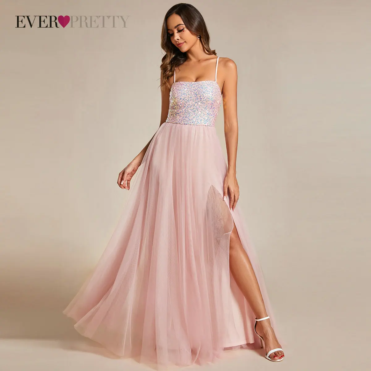 

Ever Pretty Elegant A Line Spaghetti Strap Sequined Prom Dresses With High Split vestidos de gala Long Formal Occasion Dresses