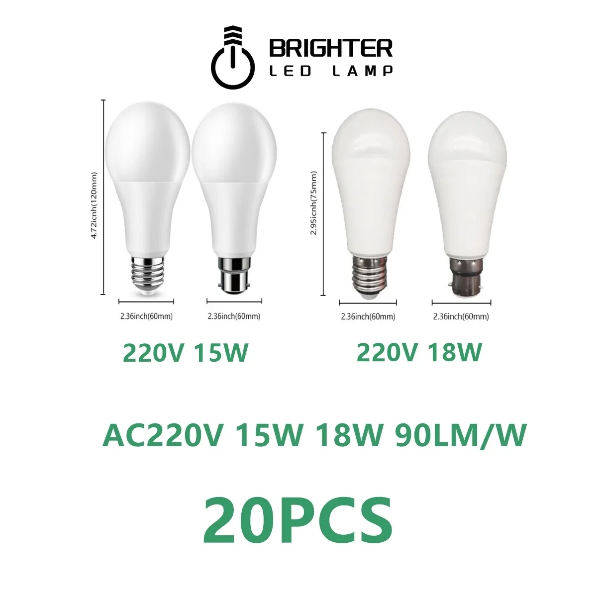 

20pcs LED Bulb Lamps A60 E27 B22 AC220V-240V high Power 15W 18W Suitable for kitchen, living room and office