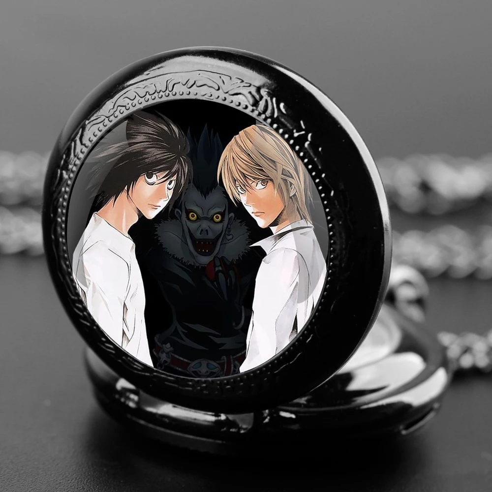 Death Note Design Glass Dome Quartz Pocket Watch With Durable Chain Arabic Numeral Dial For Men And Women Creative Gifts