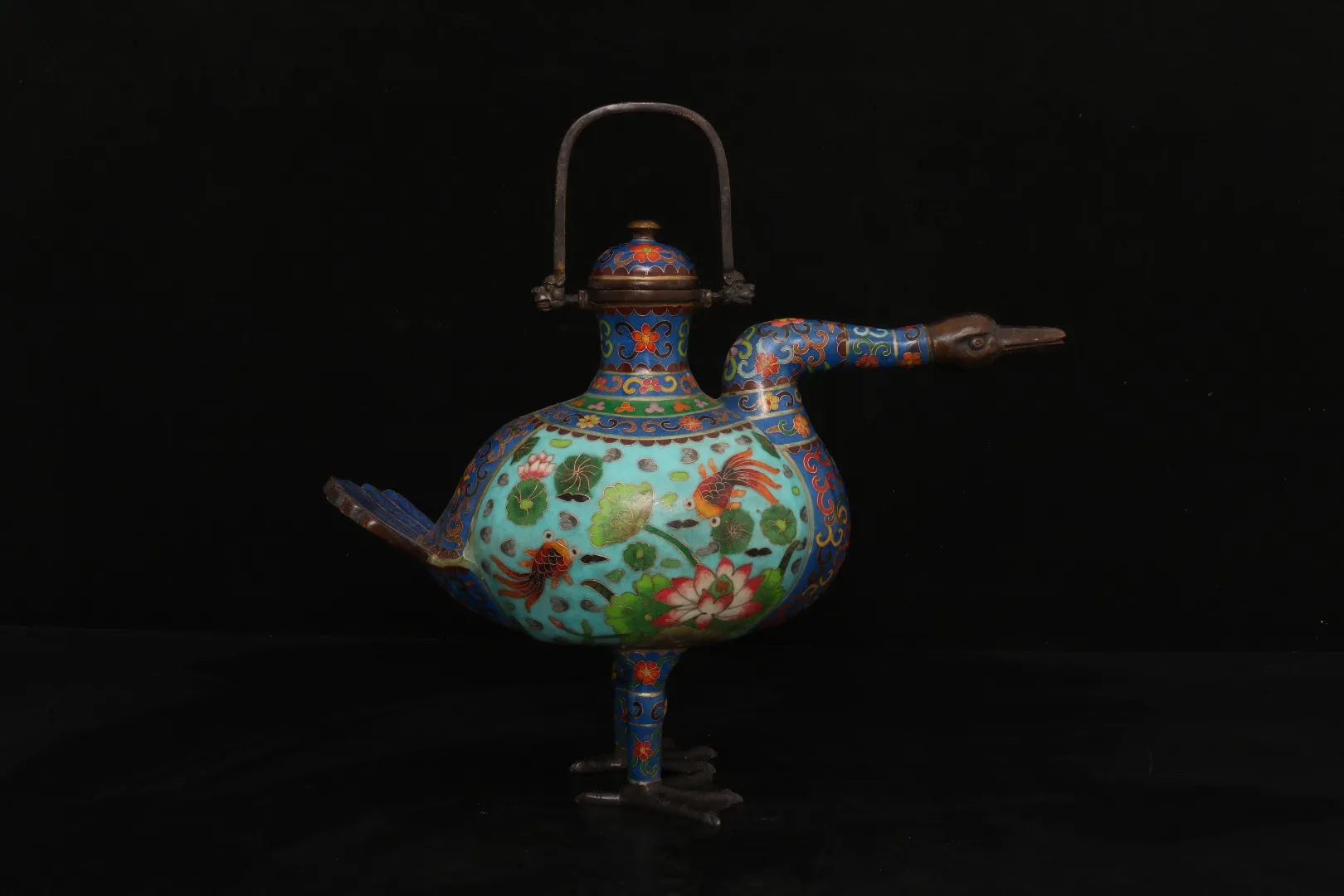 15"Tibetan Temple Collection Old Bronze Cloisonne Enamel Duck Shape Kettle Teapot Flagon Gather fortune ornament Town house