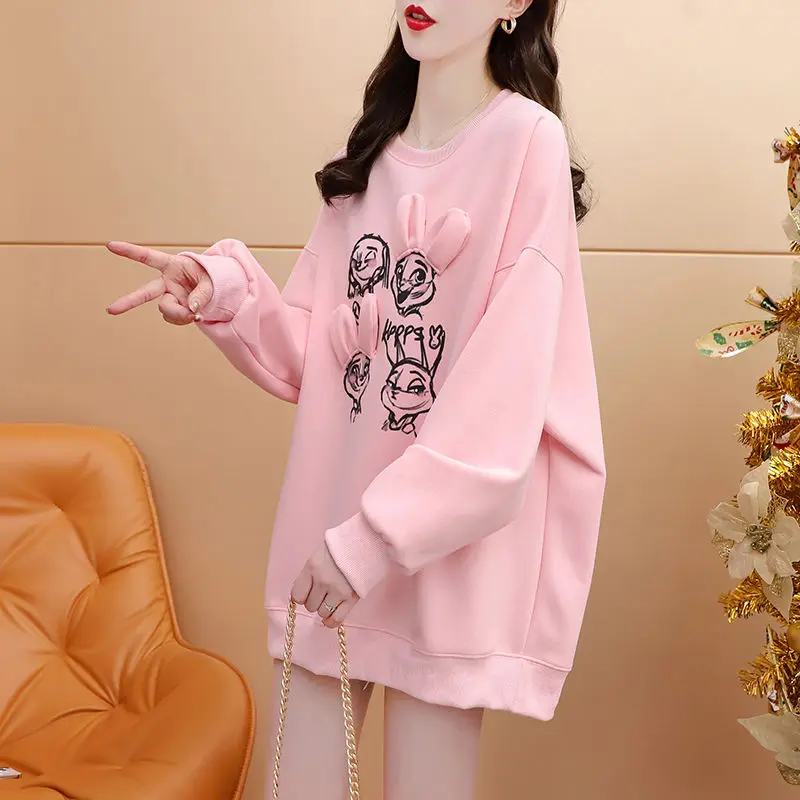 Minimal Design Sense Sweatshirts Women Early Spring 2023 Loose Rabbit Embroidery Small Versatile O Neck Sweatshirt Female Top