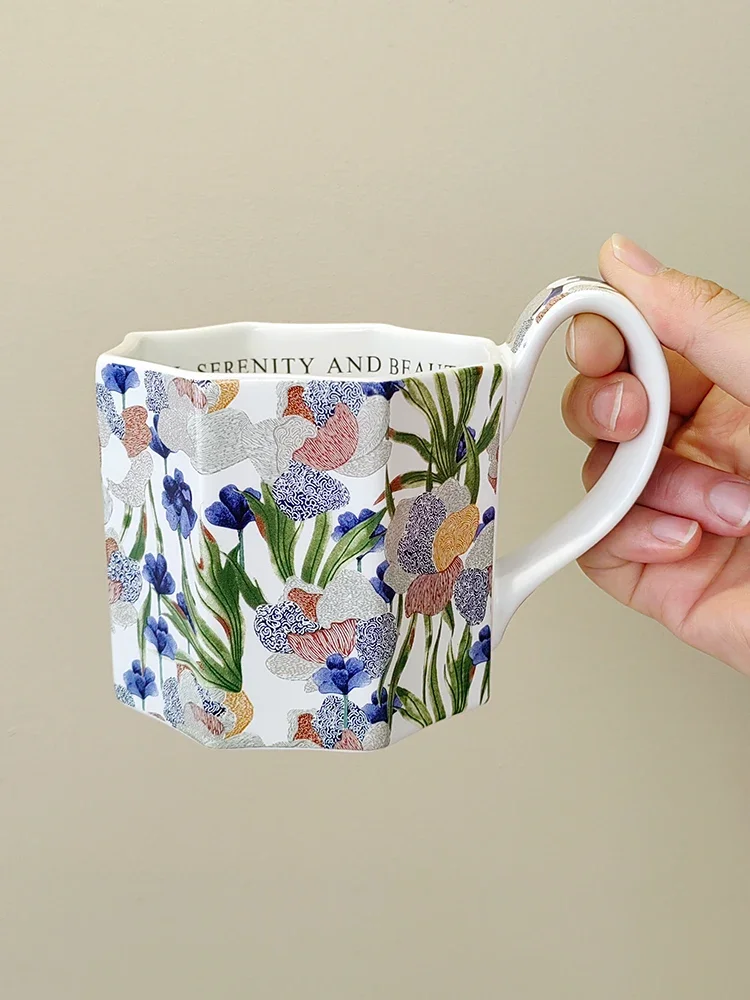 Ceramic Coffee Cup Vintage American Oil Painting Iris Coffee Cup High-grade Hand Painted Afternoon Tea Latte Mug Home Milk Mug