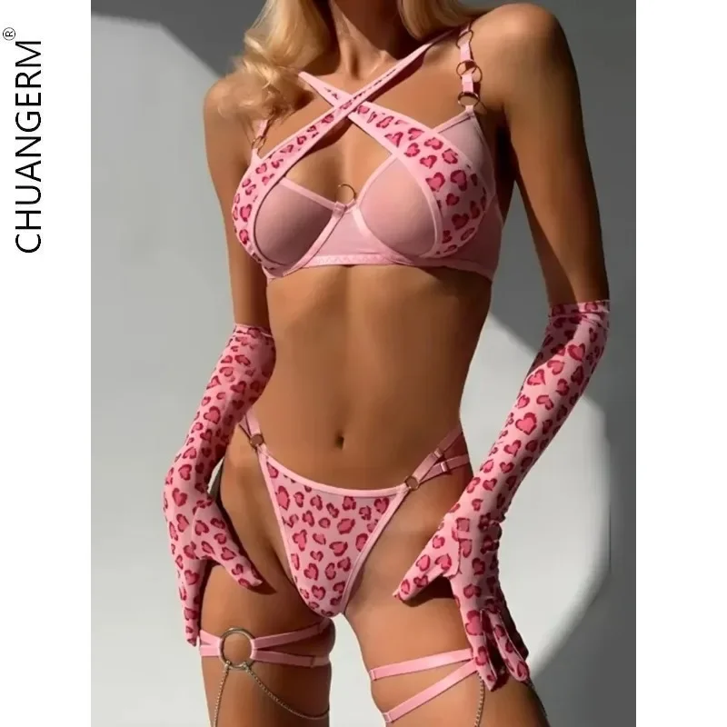 Sexy Leopard Lingerie Cross Bra Push Up Intimate See Through Lace Hot Girl Underwear Romantic Loving Heart Gloves Stocking Gifts