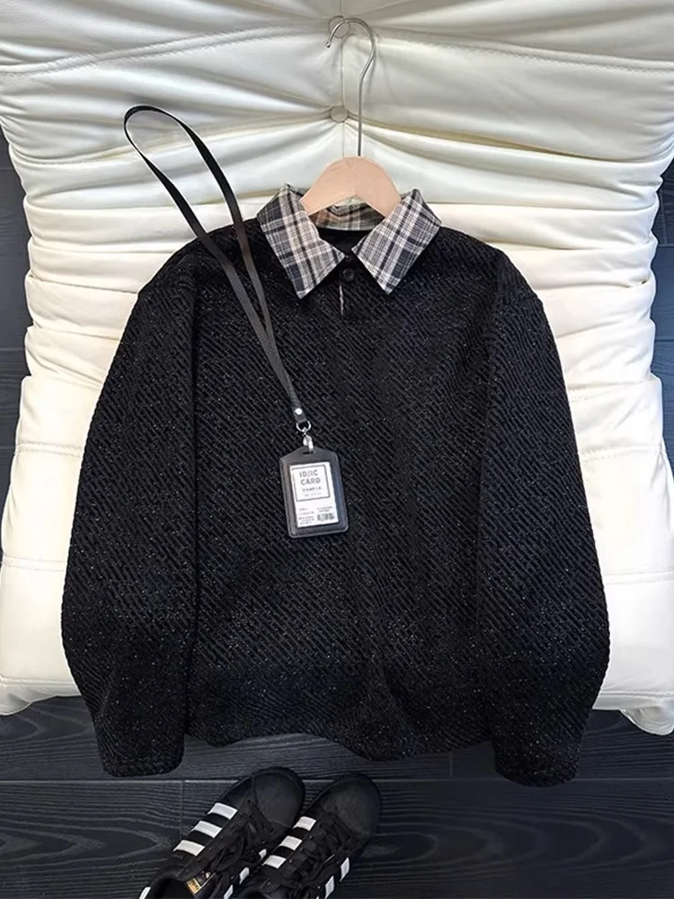 Camisa de Manga Longa em Fleece Preto para Homens, Confortável e Casual, Suéter de Inverno com Gola Reversível em Poliéster