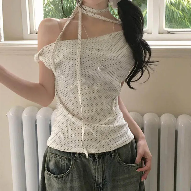 Женский топ с открытыми плечами и завязками на шее, в горошек, облегающий, с коротким рукавом, повседневный, уличный стиль, сексуальный, модный, футболка-топ