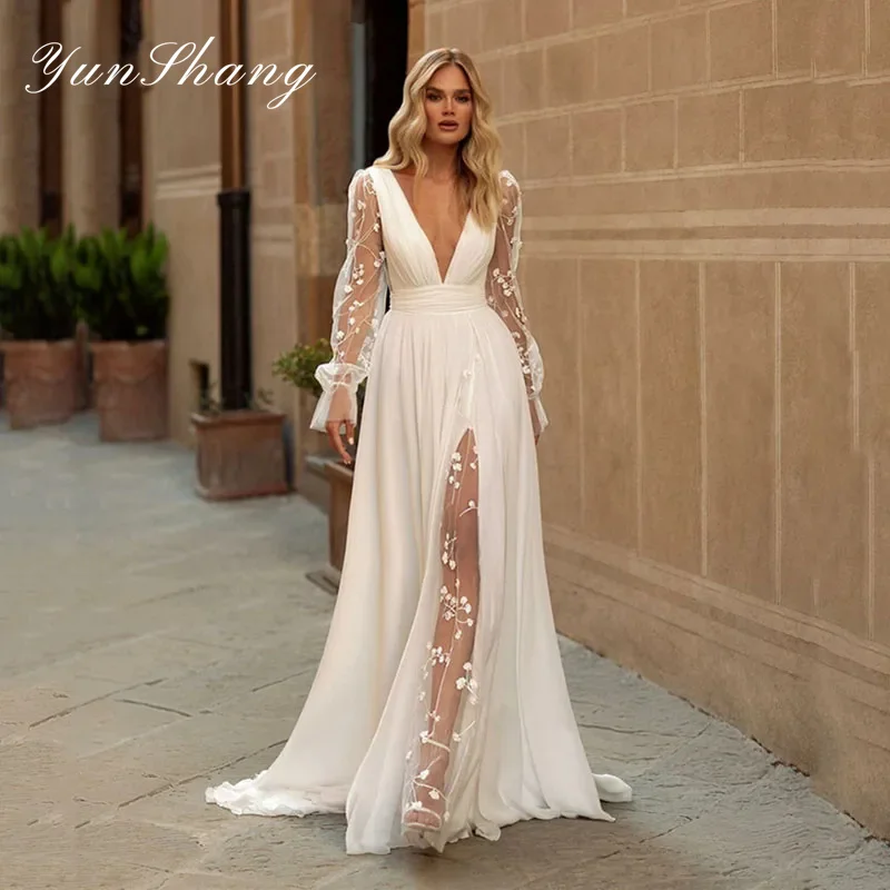 Yunshang elegante A-Linie Brautkleider Frauen Spitze Langarm offenen Rücken V-Ausschnitt Split Brautkleider Sweep Zug Vestidos de Novia