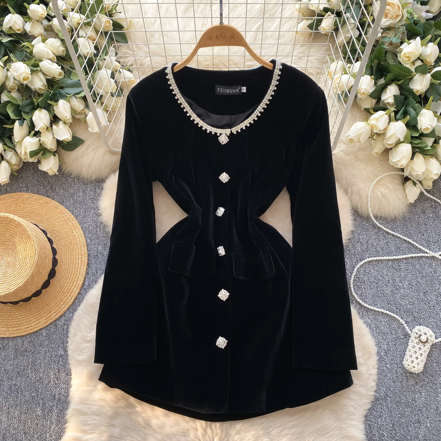 Élégant Chic col rond à manches longues velours français soirée haute rue femmes vêtements mini robe