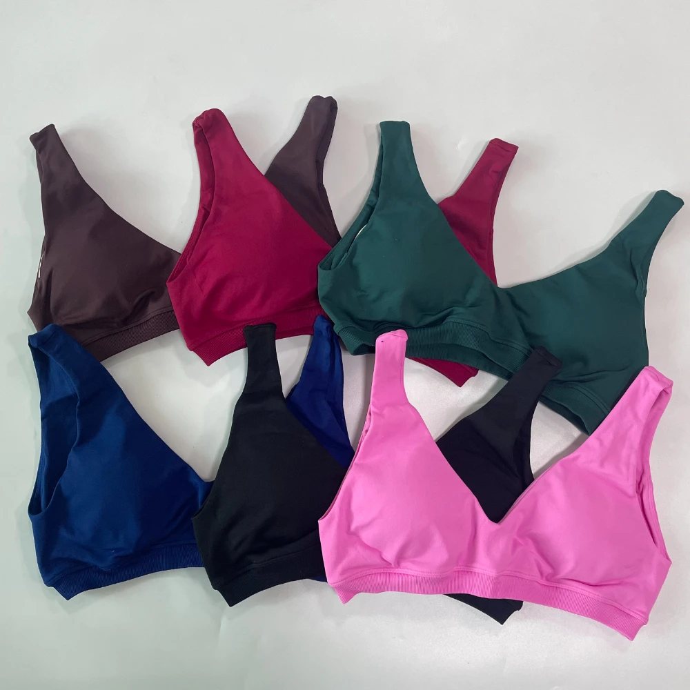 NO LOGO Women Scoop Backless Sports Bra V Neck Seamless Gym Top Workout Yoga Crop Tank Tops With Removable Pads Push Up Bras