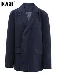 [EAM] Blazer elegante asimmetrico a righe blu di grandi dimensioni donna nuova giacca a maniche lunghe con risvolto moda primavera autunno 2024 1 dh213805