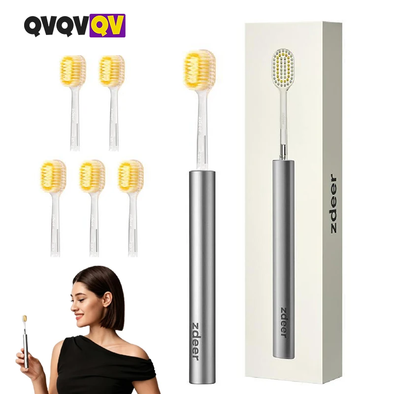 ZDEER Metal Handle Manual Toothbrush Set with 6 Soft Replaceable Heads, Sensitive Gum Friendly Reusable Premium Oral Care