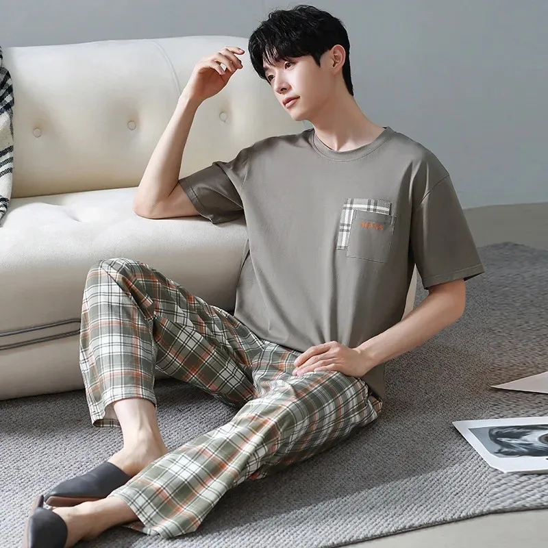 Elegant Mens Pajama Summer Knitted Cotton Leisure Sleepwear for Men O-neck Short Sleeved Long Pants Pijamas Set for Boy Dropship