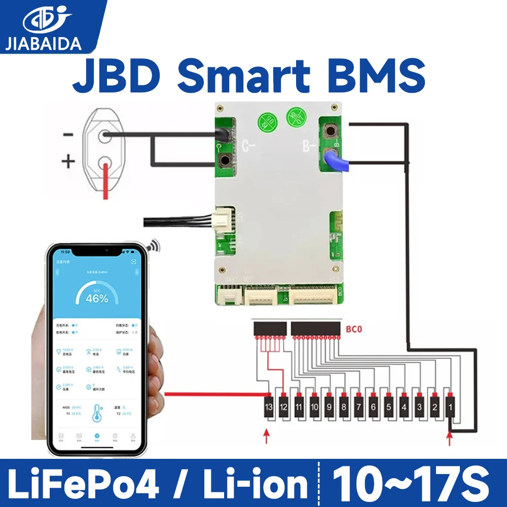 Jiabaida smart bms für 10s 12s 13s 14s 16s 48v 17s lifepo4 li-ion kompatibel 20a 40a 50a 60a 80a 120a Dauer strom jbd bms