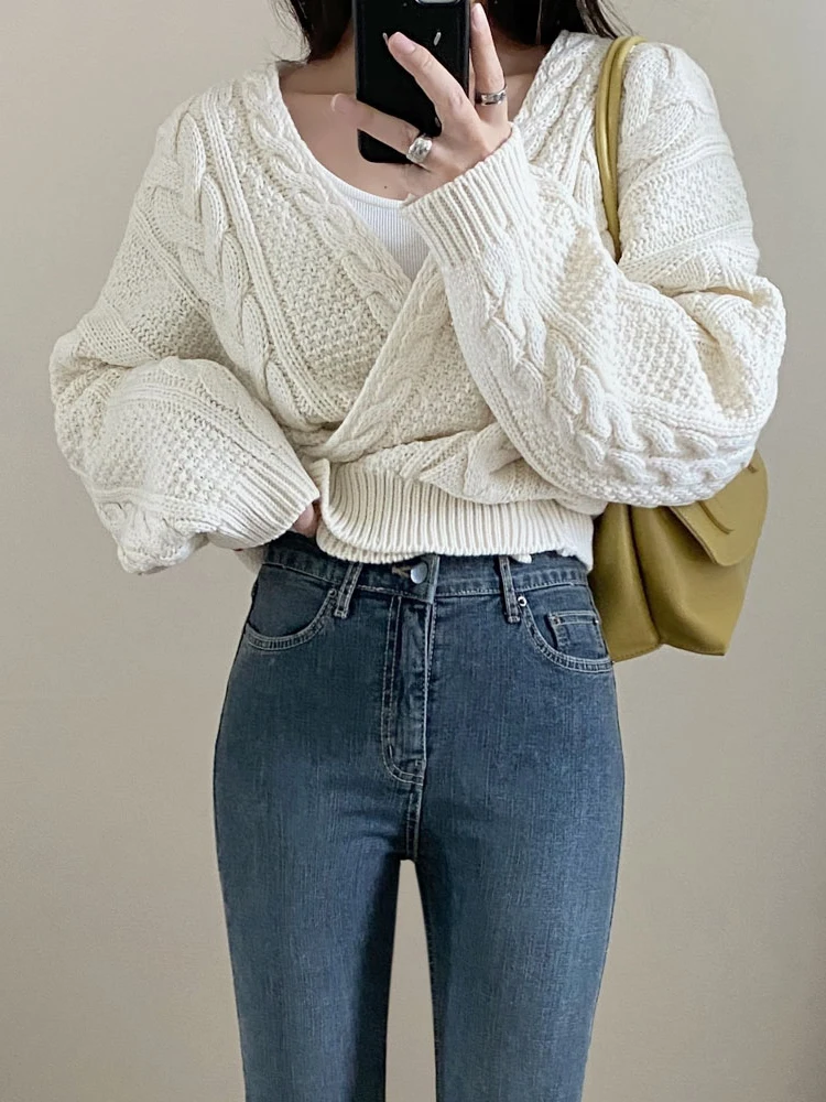 2024 Women V Neck Knitted Cardigan Sweater Female Vintage Knit Sweaters Long Sleeve Fashion Autumn Oversized Jumper Tops