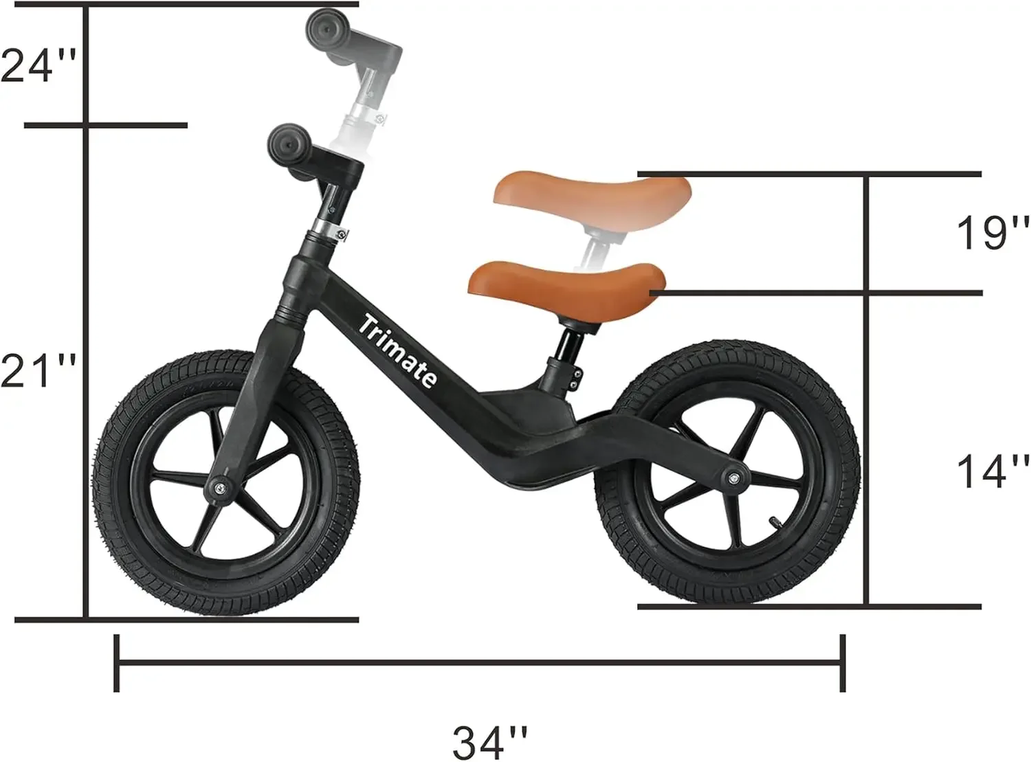 Vélo d'équilibre pour tout-petits avec entrejambe, vélo de sport noir sans pédale, 12 "gonflé, garçons et filles, 3-5 ans, 16" - 21"