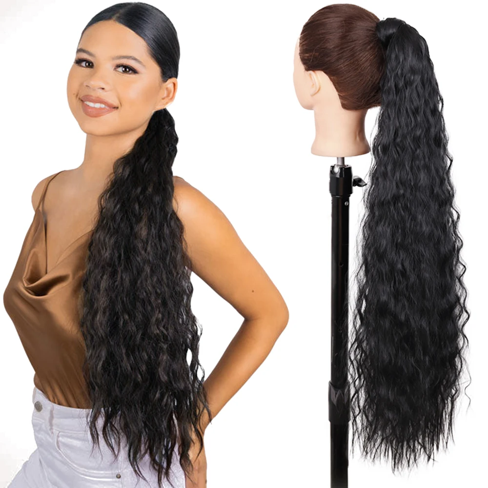 

Synthetic 85cm Long Wavy Ponytail Clip In Hair Extensions Wrap Around Corn Wavy Horse Tail Hairpiece Fake Hair Piece For Women