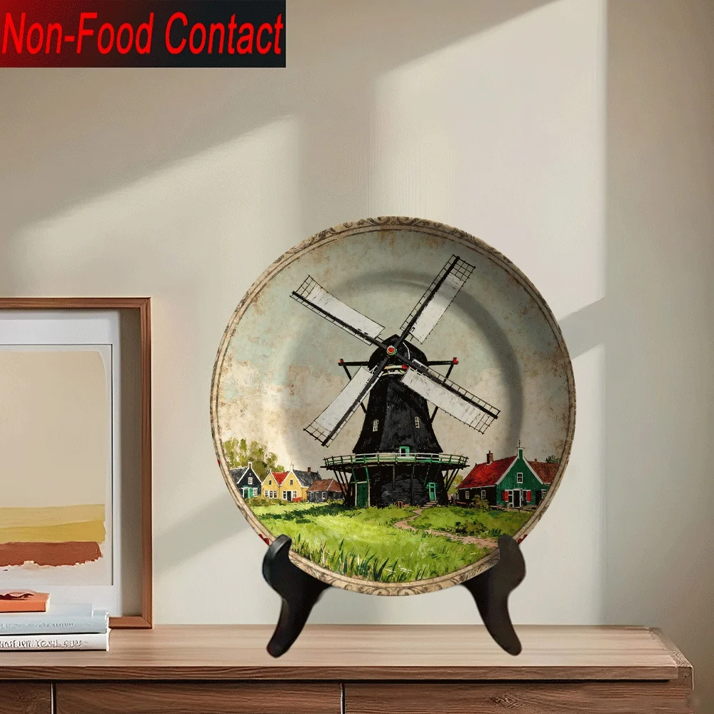 A 2D Ceramic Decorative Plate, Not for Food Use, Purely for Decoration, Featuring a Dutch Windmill And Tulip Countryside Scene,