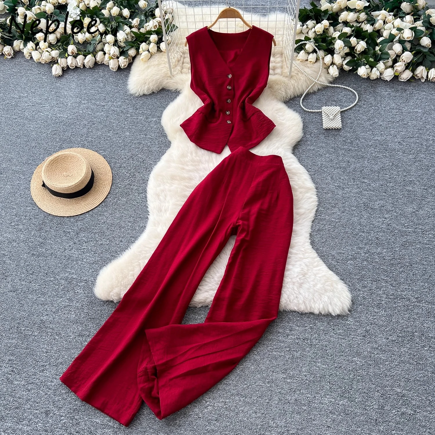 

Neploe Light Luxury England Style Sleeveless V Neck Blusas Set High Waist Slim Elegant Pants Vintage Solid Office Lady Trousers