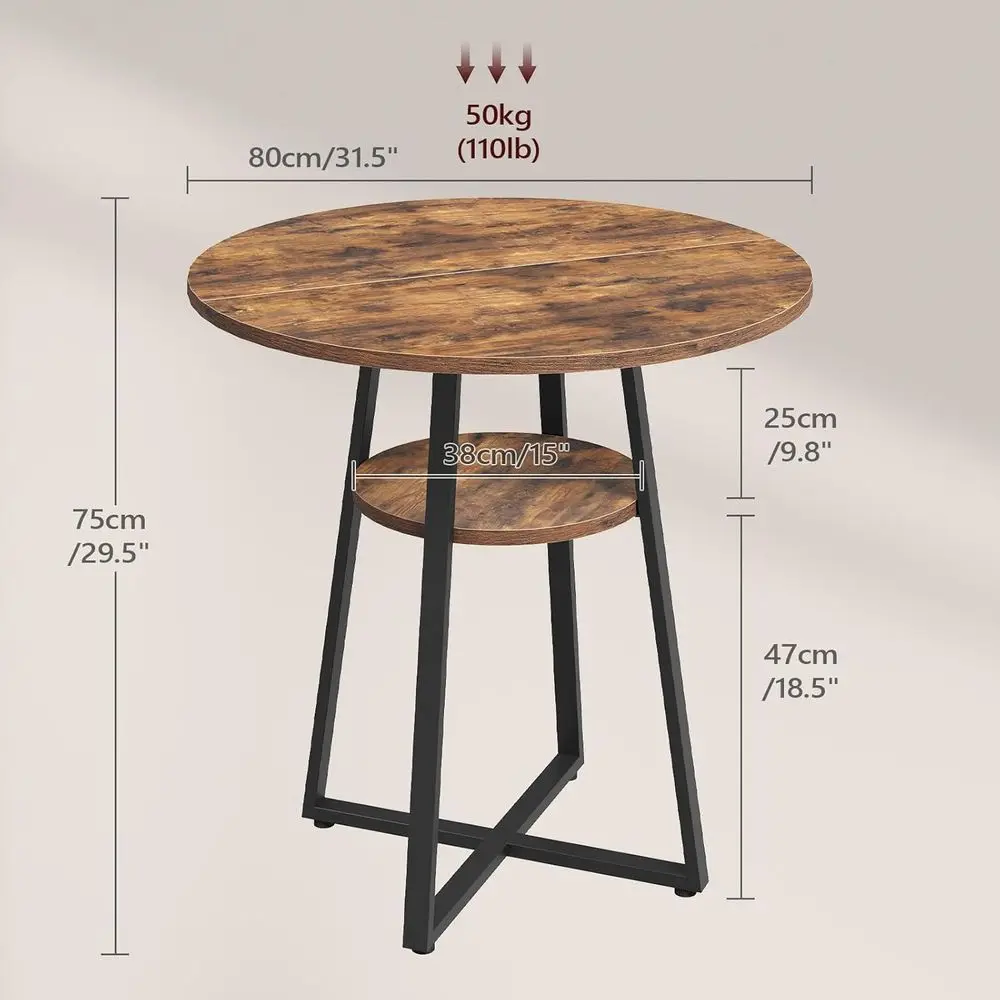 Rustic Farmhouse Dining Table, Round with Storage Shelf, for 2-4 People, Space-Saving Design, Suitable for Kitchen, Dining, Livi