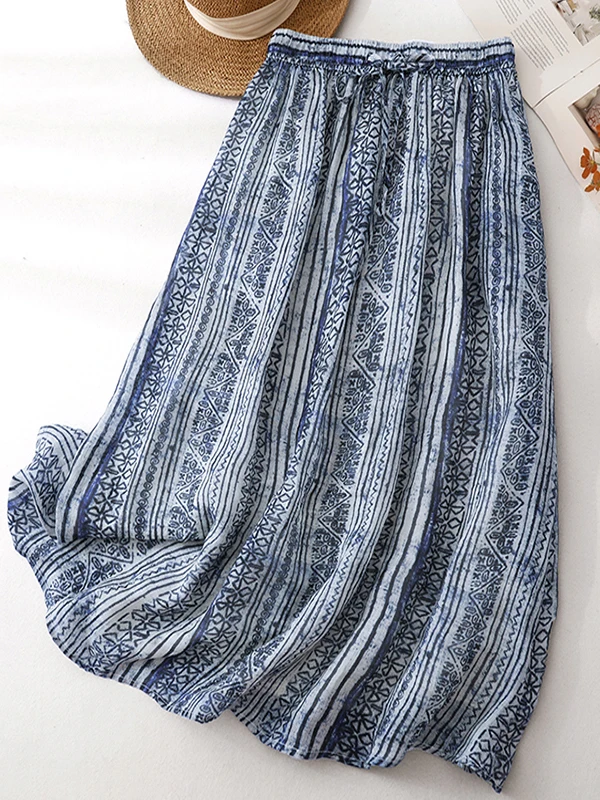 

Summer New Retro Cotton Linen Printed High Waist Loose Slimming Gentle Wind A-Line Skirt Large Size Women's Fashionable Commute