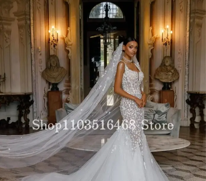 Luxury Mermaid Wedding Dresses 2024 For Women White Halter Bridal Dresses Appliqued Skinny Tulle Customised Long Robes De Soirée