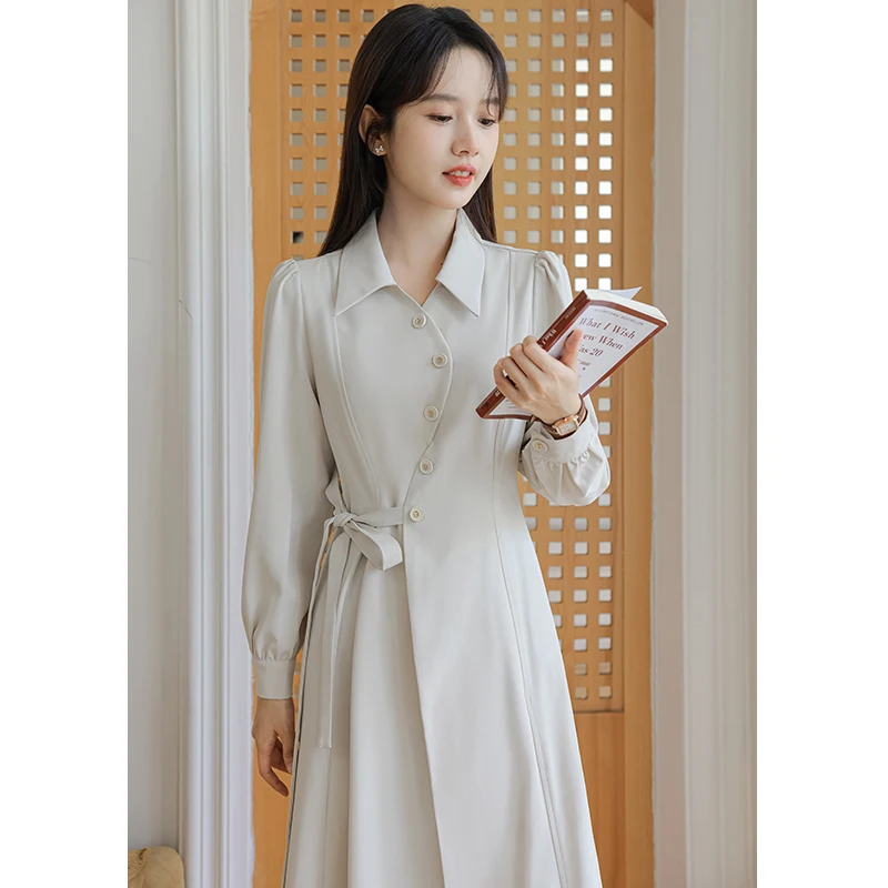 Women Dresses Autumn Simple Turn-down Collar A-line Mid-waist Long Sleeve Office Lady Solid Color Daily Casual Female Dresses