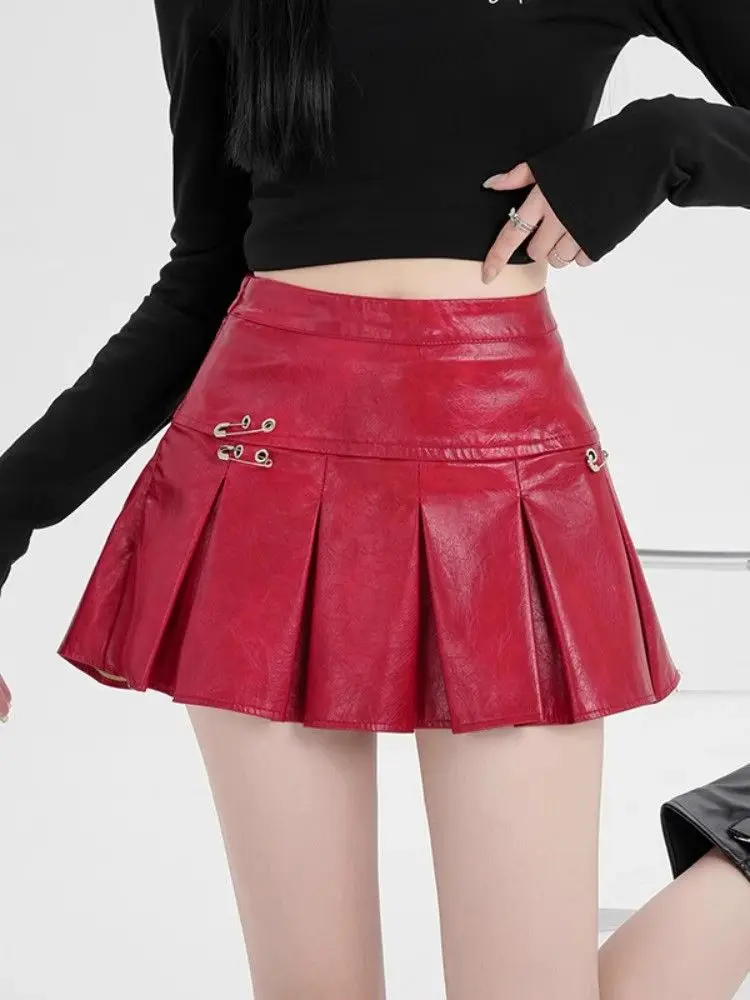 

PU Leather Skirt Women 2025 Autumn and Winter Y2k Spice Girl High Waist Short Skirt Pleated Skirt