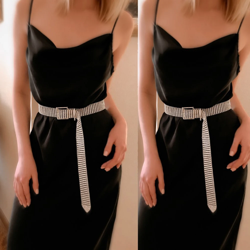 Brand Luxury Shiny Women\'s Rhinestones belt bright Bride Bling Crystal Diamond Belt Sliver Wedding Party Wide Long Chain belt