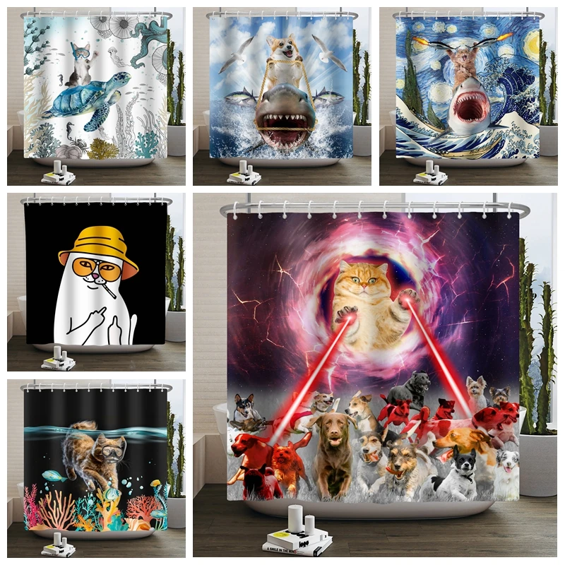 

Hero Great White Shark With Gun Funny Cat Dog Shower Curtain Kitten Pet Bathroom Curtain Waterproof Bathtub Screen 180*180cm