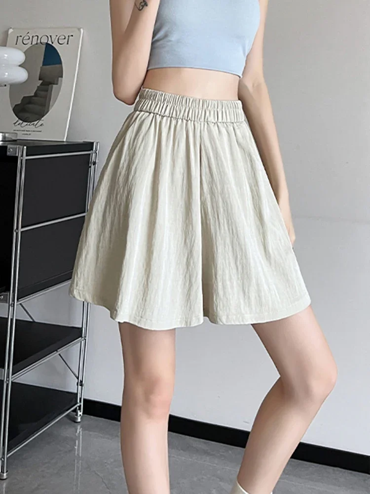 Solid Color Classic Elastic High Waist Cool Shorts for Women Summer Thin Style Fashion Loose Casual Basic Pockets Female Shorts