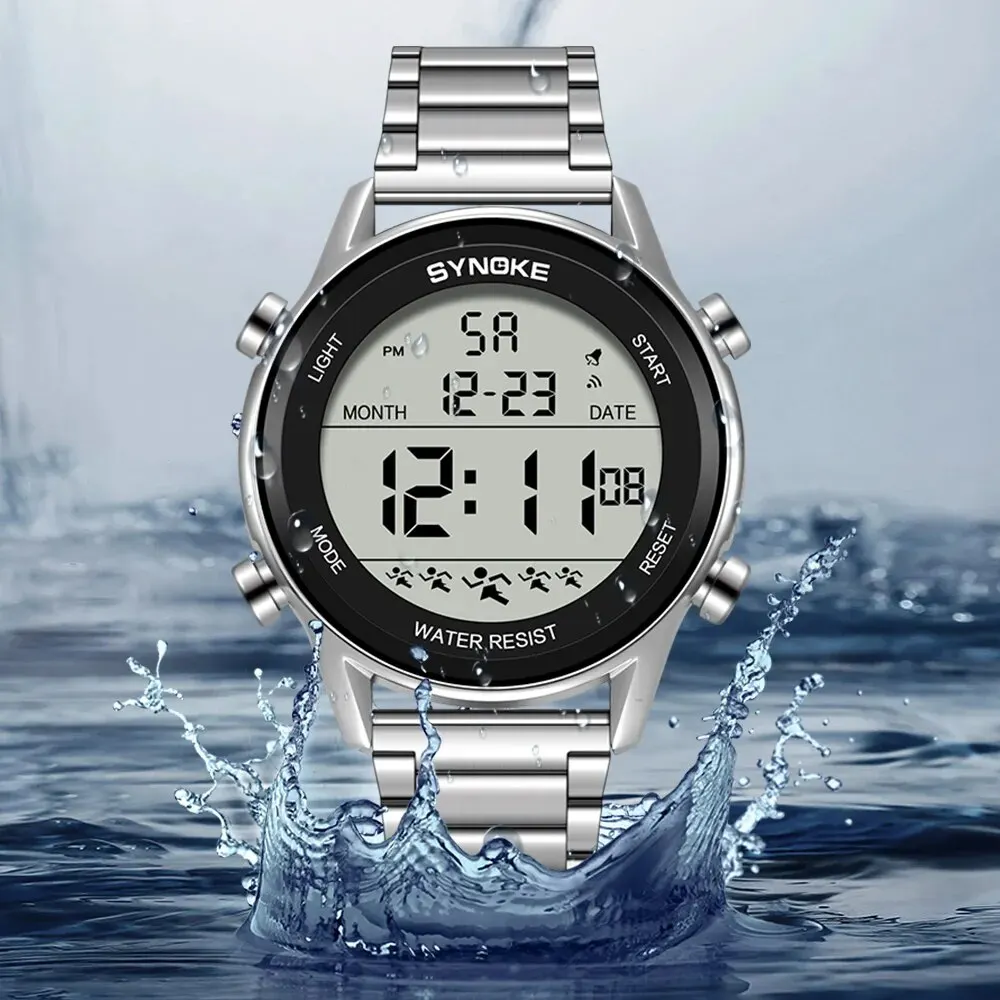 SYNOKE Top Luxury Stainless Steel Strap Sport Watches Mens Waterproof Back Light Digital Wristwatch Male Alarm