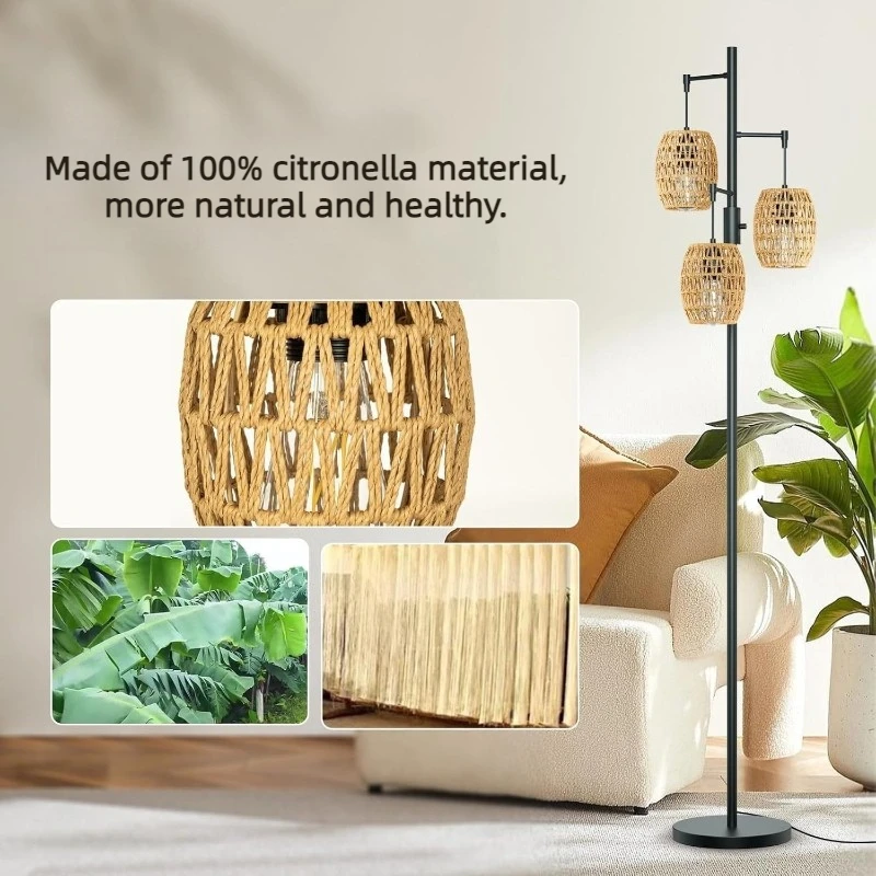 Iron LED Floor Lamp Pastoral Retro Floor Lamps Eye Protection Energy Saving Lighting Light Stepless Dimming Rattan Mood Lights