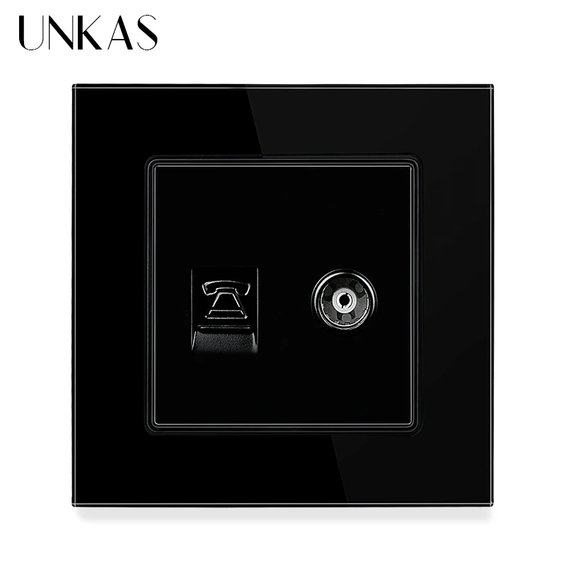 UNKAS White RJ11 Telephone RJ45 Computer Tempered Glass Panel Tele. TV Socket Gold 86mm Television Weak Outlet Black Gray