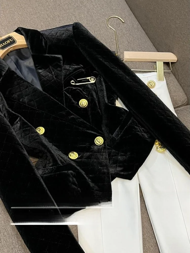 Faionable Metal Double-Fila Pulsante Pin Decorazione Velluto Or Abito Jaet Commute Sle Slim Fit Lungo Sve Colore puro