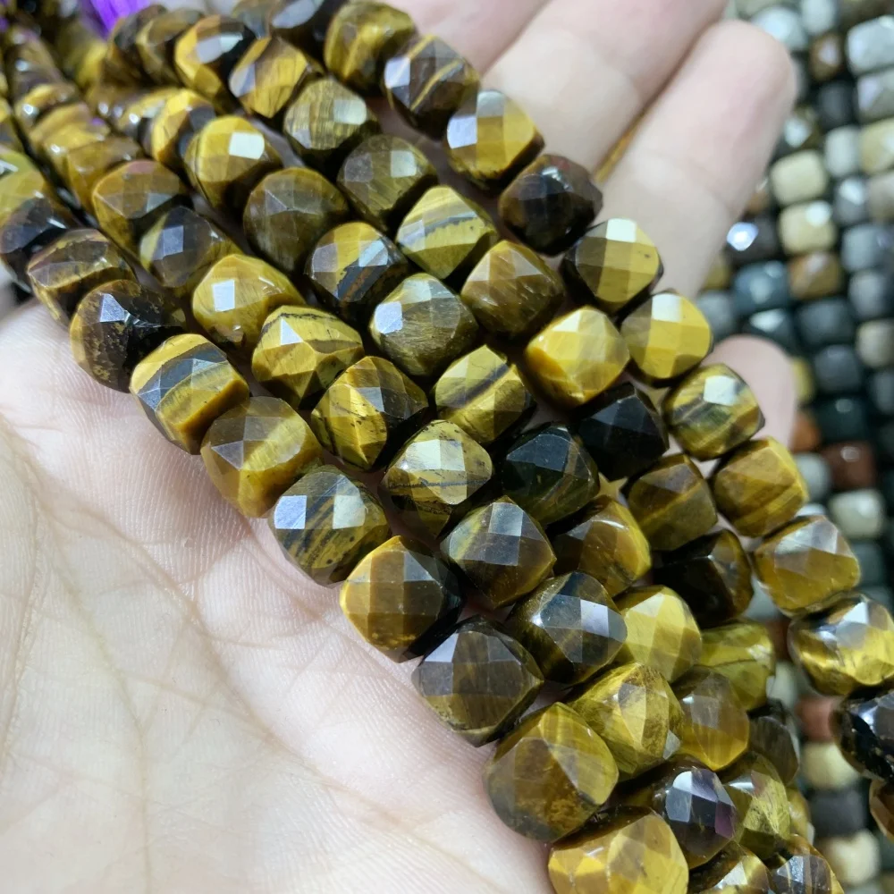 8x8mm Natural Tiger Eye Calcite Rose Quartz Crystal Faceted Cube Bead Loose Beads DIY For Bracelet Necklace Accessorise  15‘’