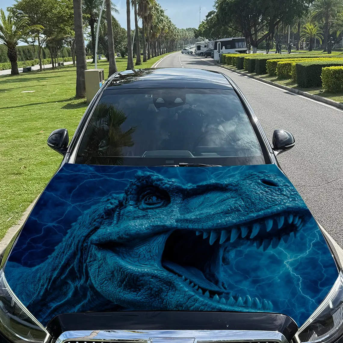 

Car Decals Dinosaur with a Dynamic, Blue - Hued Artistic Design, Appearing as if Ready to Roar and Infuse a Prehistoric Atmosphe