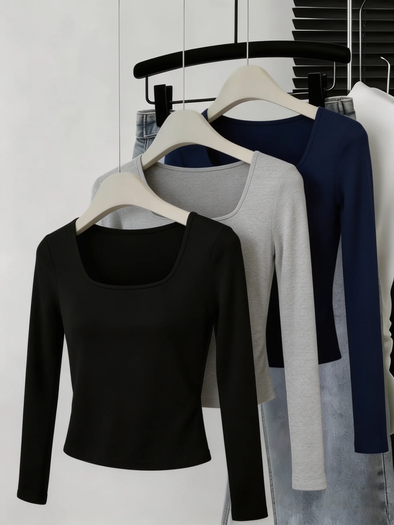 Women's 3-Piece Casual Comfortable Square Neck Solid Color Long Sleeve T-Shirt Top Set