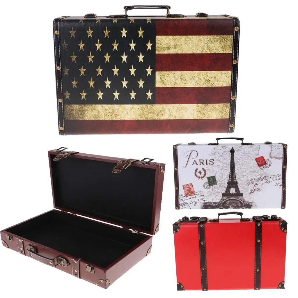 Fashion Retro Leather Wood Luggage Suitcase Clothes Storage Suit Box Home Art Decoration