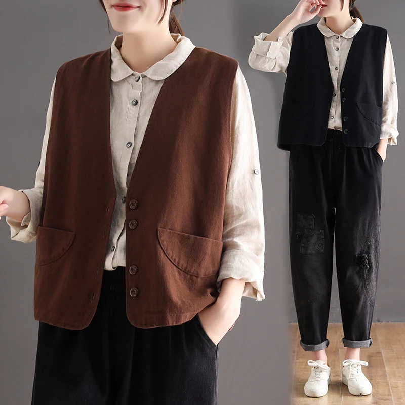 Chaleco de algodón completo vintage de primavera, camiseta sin mangas artística de talla grande para mujer, chaleco de color con un solo botón de talla grande, ort J...