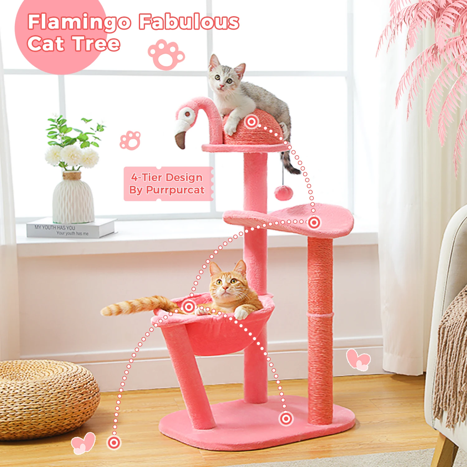 Multi-Level Flamingo Cat Tree with Scratching Posts, Hammock, Perch, Cute Cat Tower, Indoor Pink Cat Scratcher, Kittens Toys