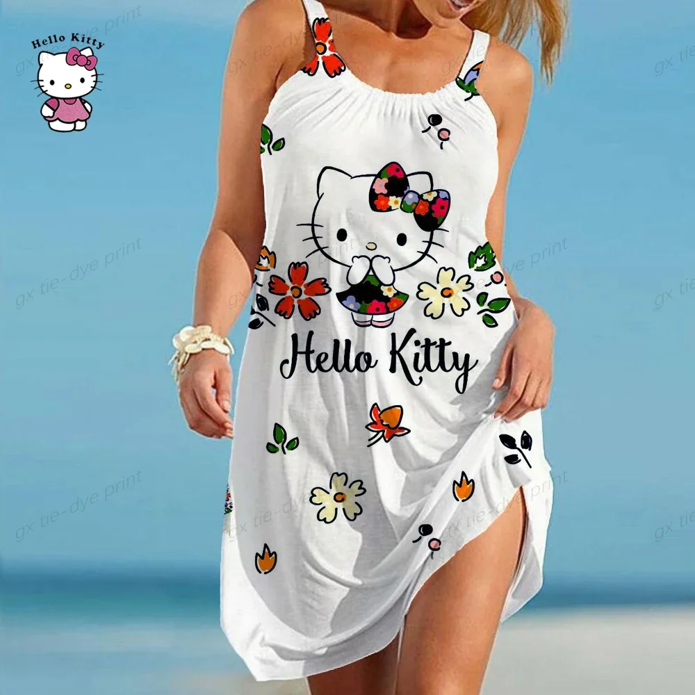 

Модные женские платья с принтом Hello Kitty, лето 2025 г., повседневное свободное пляжное платье на бретелях, пляжное платье, женское удобное повседневное платье